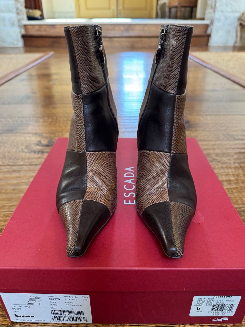 ESCADA BROWN LEATHER/SNAKE ANKLE BOOTS